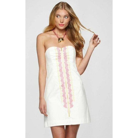 Lilly Pulitzer Wesley White Zip It Panel Embroidery Strapless Dress 6 8 - Picture 1 of 8